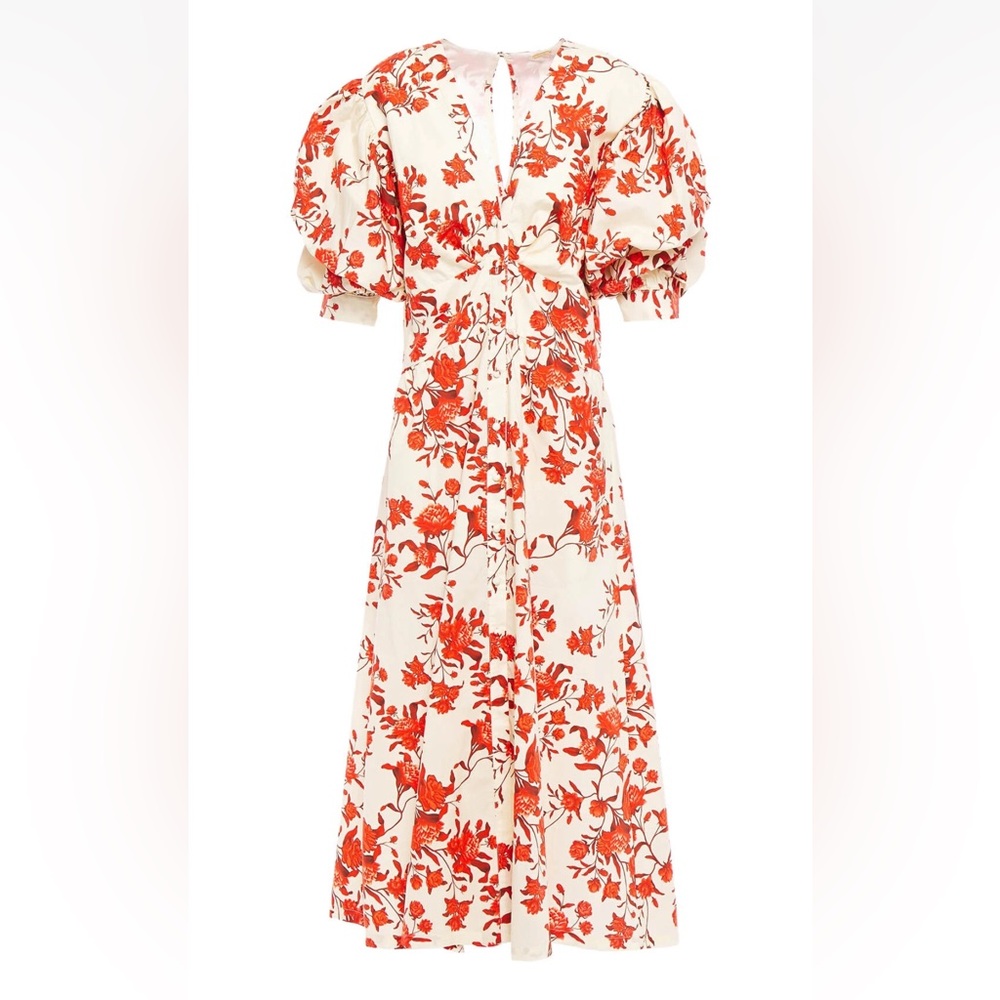 Johanna Ortiz Red Floral Puff Sleeve Dress
